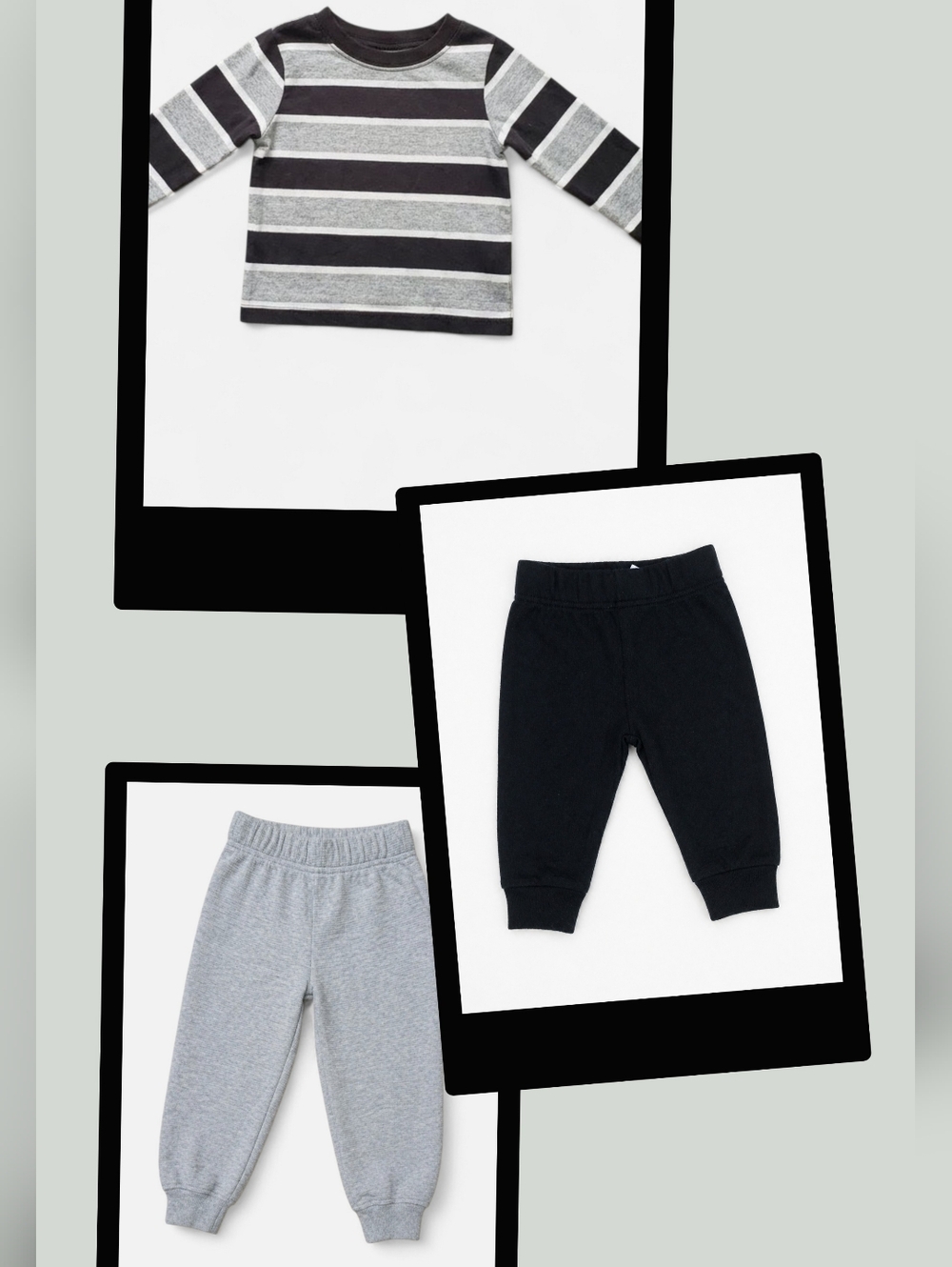 Bundle Of 3 - Garanimals Black & Grey Striped Shirt & 2 Pairs Matching Pants